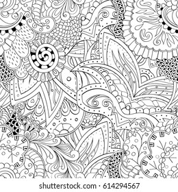 Tracery seamless pattern. Mehndi design. Ethnic monochrome binary doodle texture. Curved doodling black and white background. Vector