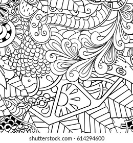 Tracery seamless pattern. Mehndi design. Ethnic monochrome binary doodle texture. Curved doodling black and white background. Vector