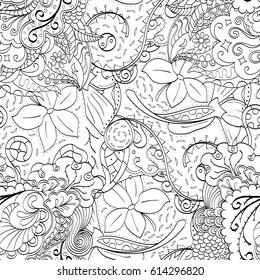 Tracery seamless pattern. Mehndi design. Ethnic monochrome binary doodle texture. Curved doodling black and white background. Vector