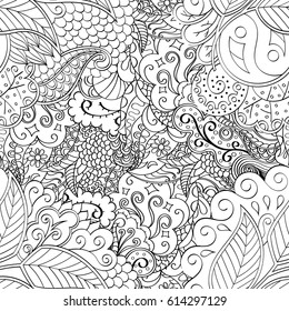 Tracery seamless pattern. Mehndi design. Ethnic monochrome binary doodle texture. Curved doodling black and white background. Vector