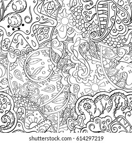 Tracery seamless pattern. Mehndi design. Ethnic monochrome binary doodle texture. Curved doodling black and white background. Vector