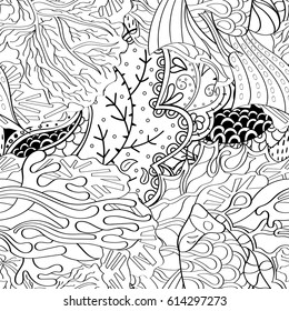 Tracery seamless pattern. Mehndi design. Ethnic monochrome binary doodle texture. Curved doodling black and white background. Vector