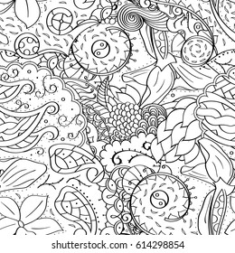 Tracery seamless pattern. Mehndi design. Ethnic monochrome binary doodle texture. Curved doodling black and white background. Vector