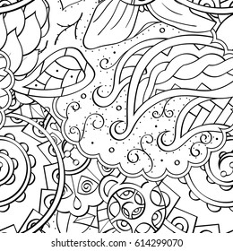 Tracery seamless pattern. Mehndi design. Ethnic monochrome binary doodle texture. Curved doodling black and white background. Vector