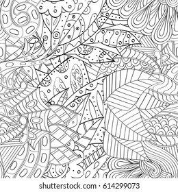 Tracery seamless pattern. Mehndi design. Ethnic monochrome binary doodle texture. Curved doodling black and white background. Vector