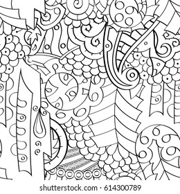 Tracery seamless pattern. Mehndi design. Ethnic monochrome binary doodle texture. Curved doodling black and white background. Vector