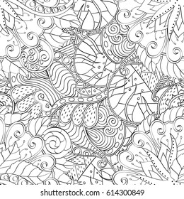 Tracery seamless pattern. Mehndi design. Ethnic monochrome binary doodle texture. Curved doodling black and white background. Vector