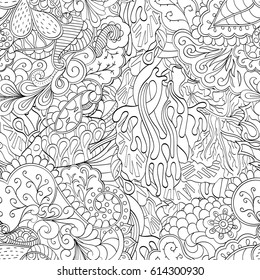 Tracery seamless pattern. Mehndi design. Ethnic monochrome binary doodle texture. Curved doodling black and white background. Vector