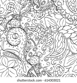Tracery seamless pattern. Mehndi design. Ethnic monochrome binary doodle texture. Curved doodling black and white background. Vector