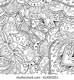Tracery seamless pattern. Mehndi design. Ethnic monochrome binary doodle texture. Curved doodling black and white background. Vector
