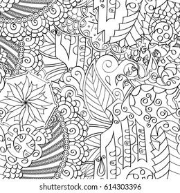 Tracery seamless pattern. Mehndi design. Ethnic monochrome binary doodle texture. Curved doodling black and white background. Vector