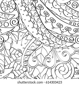 Tracery seamless pattern. Mehndi design. Ethnic monochrome binary doodle texture. Curved doodling black and white background. Vector