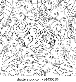 Tracery seamless pattern. Mehndi design. Ethnic monochrome binary doodle texture. Curved doodling black and white background. Vector