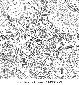 Tracery seamless pattern. Mehndi design. Ethnic monochrome binary doodle texture. Curved doodling black and white background. Vector