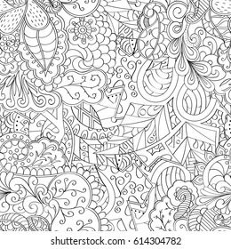 Tracery seamless pattern. Mehndi design. Ethnic monochrome binary doodle texture. Curved doodling black and white background. Vector