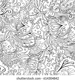 Tracery seamless pattern. Mehndi design. Ethnic monochrome binary doodle texture. Curved doodling black and white background. Vector