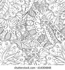 Tracery seamless pattern. Mehndi design. Ethnic monochrome binary doodle texture. Curved doodling black and white background. Vector
