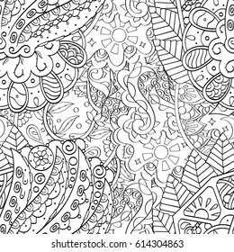 Tracery seamless pattern. Mehndi design. Ethnic monochrome binary doodle texture. Curved doodling black and white background. Vector