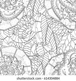 Tracery seamless pattern. Mehndi design. Ethnic monochrome binary doodle texture. Curved doodling black and white background. Vector