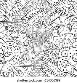 Tracery seamless pattern. Mehndi design. Ethnic monochrome binary doodle texture. Curved doodling black and white background. Vector