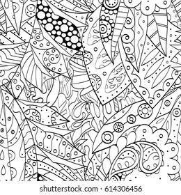 Tracery seamless pattern. Mehndi design. Ethnic monochrome binary doodle texture. Curved doodling black and white background. Vector