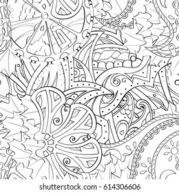 Tracery seamless pattern. Mehndi design. Ethnic monochrome binary doodle texture. Curved doodling black and white background. Vector