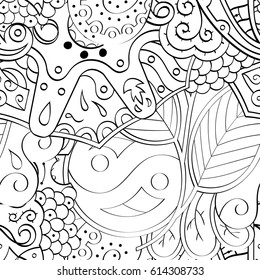 Tracery seamless pattern. Mehndi design. Ethnic monochrome binary doodle texture. Curved doodling black and white background. Vector