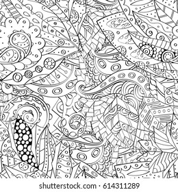 Tracery seamless pattern. Mehndi design. Ethnic monochrome binary doodle texture. Curved doodling black and white background. Vector
