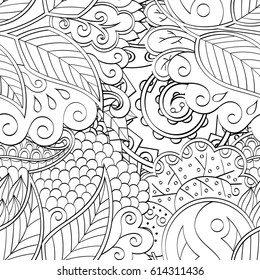 Tracery seamless pattern. Mehndi design. Ethnic monochrome binary doodle texture. Curved doodling black and white background. Vector