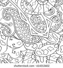 Tracery seamless pattern. Mehndi design. Ethnic monochrome binary doodle texture. Curved doodling black and white background. Vector