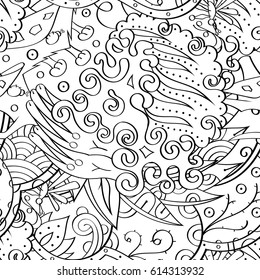 Tracery seamless pattern. Mehndi design. Ethnic monochrome binary doodle texture. Curved doodling black and white background. Vector