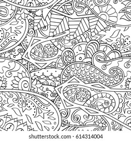 Tracery seamless pattern. Mehndi design. Ethnic monochrome binary doodle texture. Curved doodling black and white background. Vector