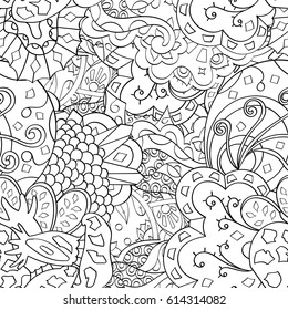 Tracery seamless pattern. Mehndi design. Ethnic monochrome binary doodle texture. Curved doodling black and white background. Vector