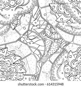 Tracery seamless pattern. Mehndi design. Ethnic monochrome binary doodle texture. Curved doodling black and white background. Vector