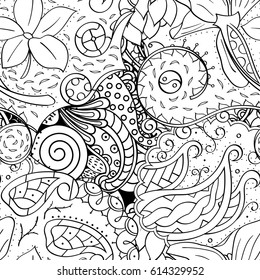 Tracery seamless pattern. Mehndi design. Ethnic monochrome binary doodle texture. Curved doodling black and white background. Vector