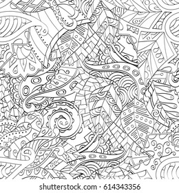 Tracery seamless pattern. Mehndi design. Ethnic monochrome binary doodle texture. Curved doodling black and white background. Vector