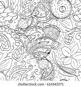 Tracery seamless pattern. Mehndi design. Ethnic monochrome binary doodle texture. Curved doodling black and white background. Vector