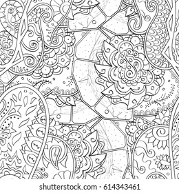 Tracery seamless pattern. Mehndi design. Ethnic monochrome binary doodle texture. Curved doodling black and white background. Vector