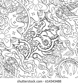 Tracery seamless pattern. Mehndi design. Ethnic monochrome binary doodle texture. Curved doodling black and white background. Vector