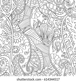 Tracery seamless pattern. Mehndi design. Ethnic monochrome binary doodle texture. Curved doodling black and white background. Vector