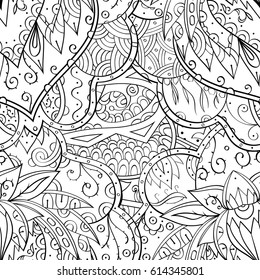 Tracery seamless pattern. Mehndi design. Ethnic monochrome binary doodle texture. Curved doodling black and white background. Vector