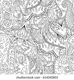 Tracery seamless pattern. Mehndi design. Ethnic monochrome binary doodle texture. Curved doodling black and white background. Vector