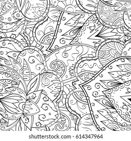 Tracery seamless pattern. Mehndi design. Ethnic monochrome binary doodle texture. Curved doodling black and white background. Vector