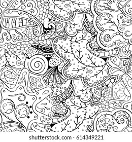 Tracery seamless pattern. Mehndi design. Ethnic monochrome binary doodle texture. Curved doodling black and white background. Vector