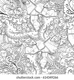 Tracery seamless pattern. Mehndi design. Ethnic monochrome binary doodle texture. Curved doodling black and white background. Vector
