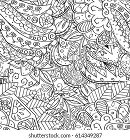 Tracery seamless pattern. Mehndi design. Ethnic monochrome binary doodle texture. Curved doodling black and white background. Vector