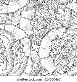 Tracery seamless pattern. Mehndi design. Ethnic monochrome binary doodle texture. Curved doodling black and white background. Vector