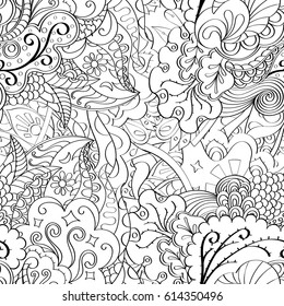 Tracery seamless pattern. Mehndi design. Ethnic monochrome binary doodle texture. Curved doodling black and white background. Vector