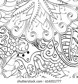 Tracery seamless pattern. Mehndi design. Ethnic monochrome binary doodle texture. Curved doodling black and white background. Vector