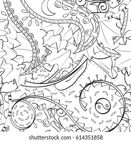 Tracery seamless pattern. Mehndi design. Ethnic monochrome binary doodle texture. Curved doodling black and white background. Vector